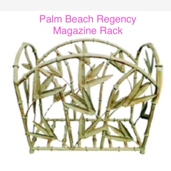 Palm Beach Regency metal faux bamboo leaf magazine holder. Sage green patina.